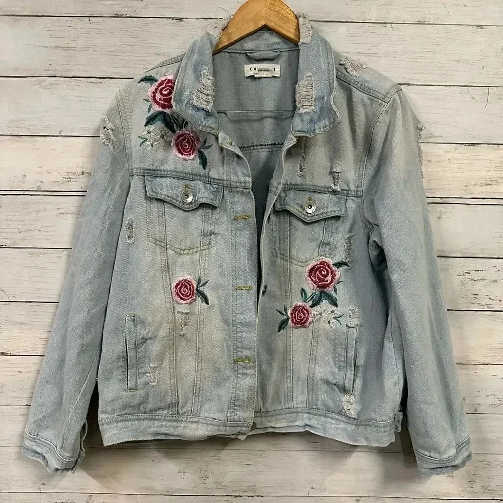 Cavalini Distressed Light Denim Oversized Fit Jacket Size L - Picture 1 of 7